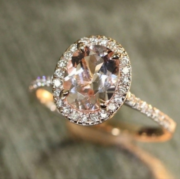La More Design Jewelry - Halo Diamond & 10x8 mm Oval Morganite Pave Diamond Band 14K Rose Gold Ring, 4.25